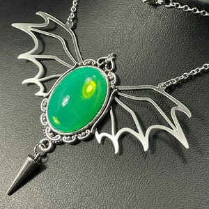 Uranium Glass Bat Wings Necklace UV reactive Green Opal Glass Stainless Steel Macabre Gothic Vampire Dragon Demon Devil Statement Necklace