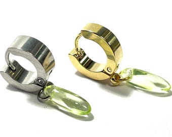 Uranium Glass Huggies, Minimalist Stainless Steel Hoop Earrings, Single or Pair