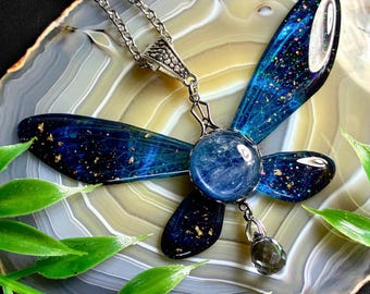 Blue Kyanite Fairy Necklace, Resin Insect Wing w/ Stainless Chain