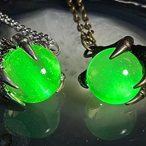 Dragon Claw Uranium Pendant necklace Vintage Fluorescent UV reactive Vaseline Glass Marble medieval wizard eagle hawk owl bird of prey talon