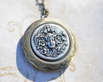 Silver Cameo Photo locket Vintage style relief stamped brass locket