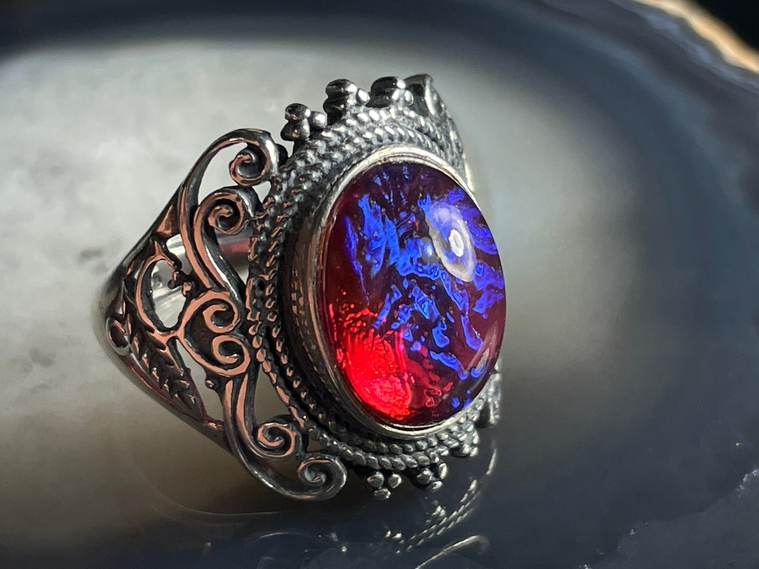 Dragon's Breath Opal Glass Ring Antiqued Solid 925 Sterling Silver
