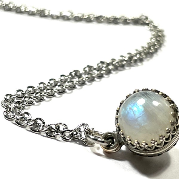 Victorian Moonstone Sphere Antique Silver Pendant Necklace Women's Blue Rainbow Moonstone Sphere June Birthstone Dainty Delicate Feminine