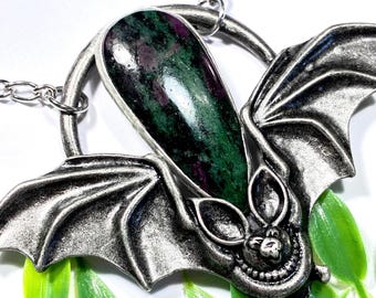Ruby Zoisite Bat Necklace w/ stainless steel chain