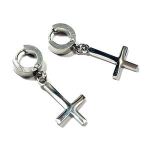 Inverted Cross Huggies, Stainless Steel, Single or Pair, Minimalist Hoops