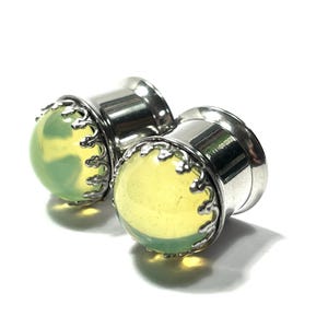 May include: Pair of stainless steel ear gauges with a green stone inlay and a decorative silver trim.