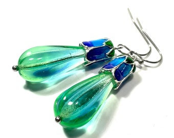 Uranium Glass Flower Earrings, UV Reactive Emerald Green & Sapphire Blue