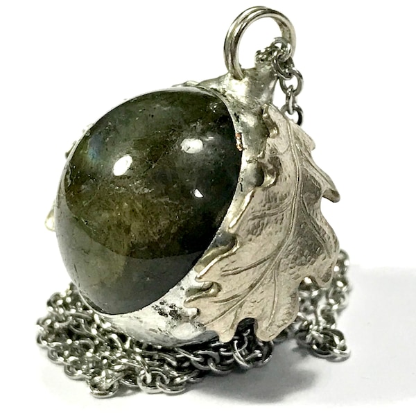 Labradorite Oak Pendant Spherical Gemstone Woodland Forest Moss Green Natural Gemstone Polished Orb Ball Unisex Celtic Druid Necklace