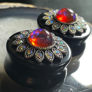Dragons Breath Glass & Black Onyx Plugs 1” (25.7 mm) PAIR Double Flare Victorian Crystal Gemstone Opal October Birthstone **For Gauged Ears*