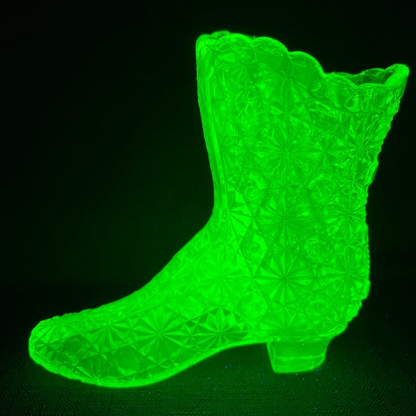 Uranium Glass Boot Daisy Button Pale Yellow Green Art Glass women's tall boot heels collectable vintage figurine