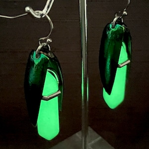 Glowing Firefly Earrings Real Emerald Beetle Insect Wings w/ Synthetic Glow in the Dark Luminous Stone Lightning Bug Glow Worm Dangles