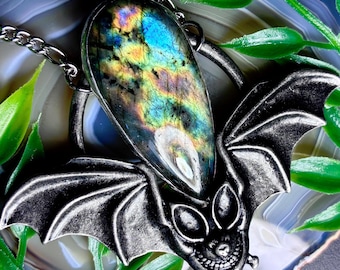 Rainbow Labdarorite Bat Necklace w/ stainless steel chain