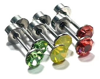 Uranium Glass Labret Post Earrings, Minimalist Flat Screw Back Stainless Steel Studs, UV Reactive