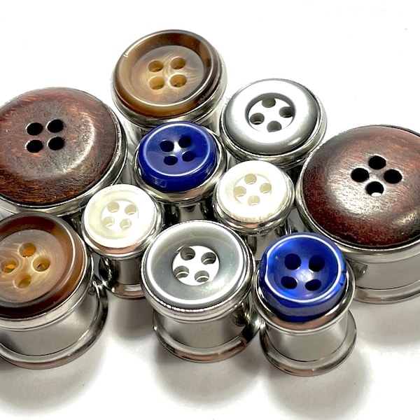 MATCHING Button plugs 0g-11/16” (8-18mm) PAIR Stainless Steel Screw Back Tunnels Vintage Upcycled Buttons Granny Gauges **For Gauged Ears**