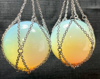 16g-00g Opalite Ear Weight PAIR Chained Spherical Crystal Opal Glass Stone Net Unisex Alternative Fashion Stainless Ear Hanger Gauges