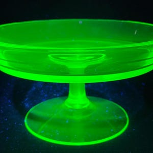 Vintage Pedestal Dish Uranium Glass Stand Footed Bowl UV reactive Fluorescent Vaseline Glass  Vintage Antique Collectable