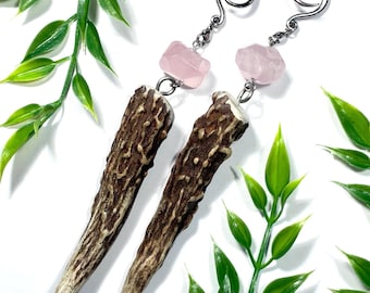 Antler & Rose Quartz Crystal Ear Hangers 14g-00g Natural Gemstone Ear Weights