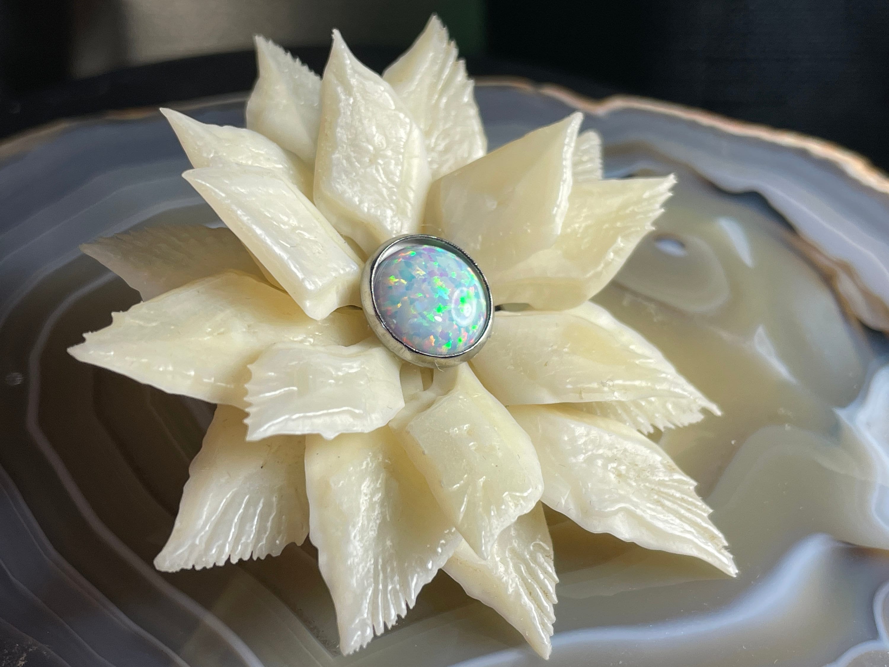 White Opal Lotus Brooch With Gar Scales Moonflower Water