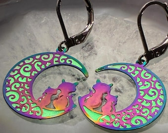 Cat & Moon Earrings, GLOW in the DARK Rainbow Stainless Steel