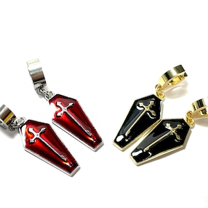 Gothic Coffin Huggies Stainless Steel Minimalist Huggy Hoop Earring PAIR Earlobe Cartilage Helix Black or Red Color Choice Halloween Theme