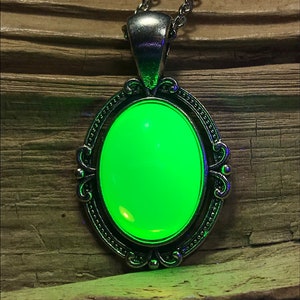 Uranium Glass Pendant Victorian Style Oval Antiqued Silver Fluorescent UV Reactive Yellow Opal Vaseline Glass Ladies Blacklight Necklace