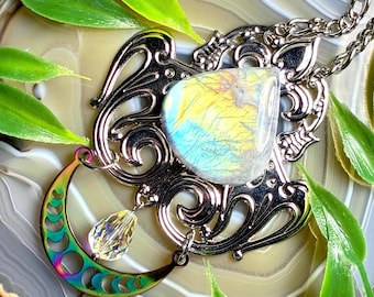 Rainbow Moonstone Pendant, Adjustable Length