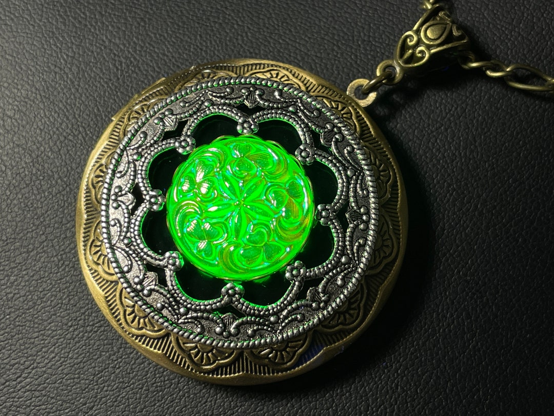 Ornate Bronze Uranium Glass Locket Antique Brass Victorian Art Noveau