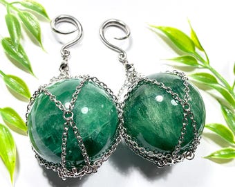 Green Fluorite Ear Hangers, 14g-00g, UV Reactive Fluorescent Mineral Weights