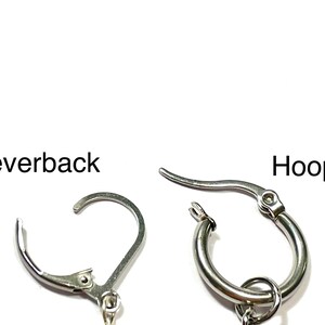 May include: Close-up of two different earring styles: a leverback and a hoop. The leverback earring has a curved, hinged design. The hoop earring is a small, circular design. Both earrings are made of a shiny, silver-colored metal.