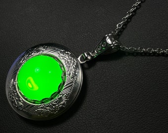 Uranium Glass Locket Pendant Necklace Antique Silver Plated Brass Yellow Opal Jonquil victorian Fluorescent UV Reactive photo keepsake