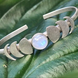 Rainbow Moonstone Bracelet Moon Phase Adjustable cuff Lunar Cycle Pagan Wiccan Priestess Celestial Goddess Life Cycle Natural Gemstone