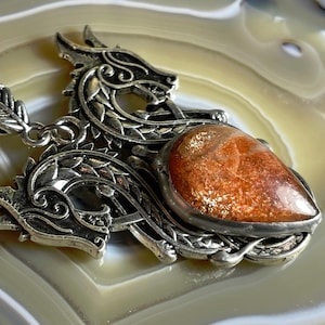 Nordic Dragon Sunstone Pendant Fiery Viking Double Serpent Jormungandr Yggdrasil Fantasy Myth Animal Totem Deity Celtic Knot Necklace