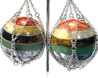 16g-00g Rainbow Ear Weight PAIR Natural Chakra Layered gemstone stainless mesh net unisex alternative fashion gauges size 4mm-10mm