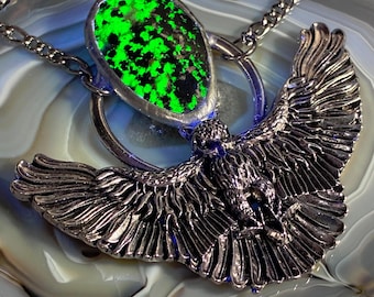 Fluorescent Willemite Owl Necklace w/ stainless steel chain, UV Reactive