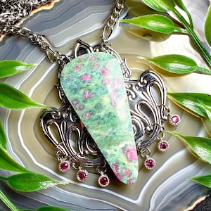 Ruby Fuchsite adjustable necklace, Stainless Steel Chain, UV Reactive Fluorescent Mineral
