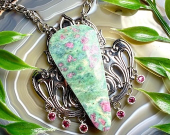 Ruby Fuchsite adjustable necklace, Stainless Steel Chain, UV Reactive Fluorescent Mineral