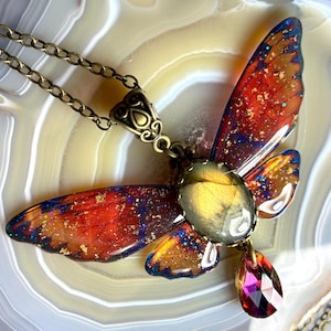 Yellow Labradorite Fairy Necklace, Resin Insect Wing Pendant