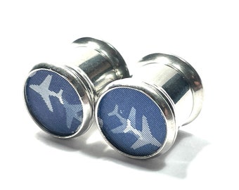 00g Lenticular Airplane Plugs PAIR 10mm Stainless Steel Screw Back Ear Tunnels Retro Vintage Holographic Blue White Moving Image Jet Plane