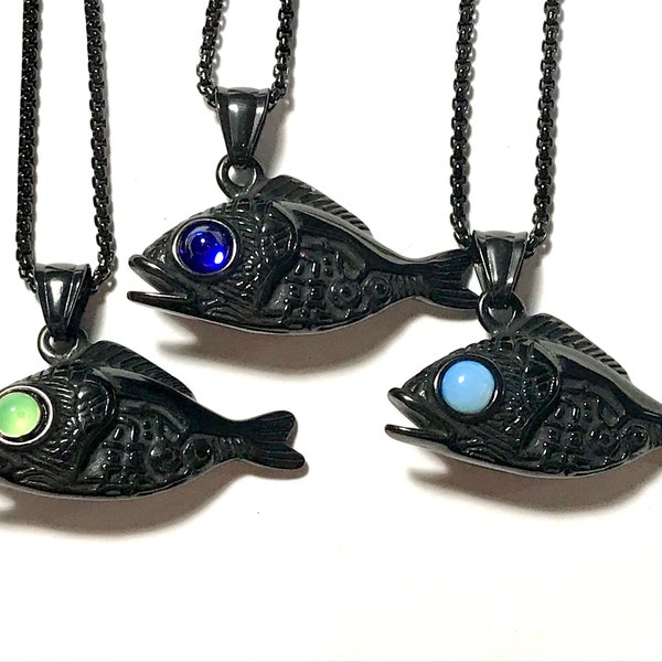 Deep Sea Fish Pendant - 2-Sided Black Stainless Steel Unisex Pendant choose uranium, opalite or blue glass eyes men's fisherman necklace