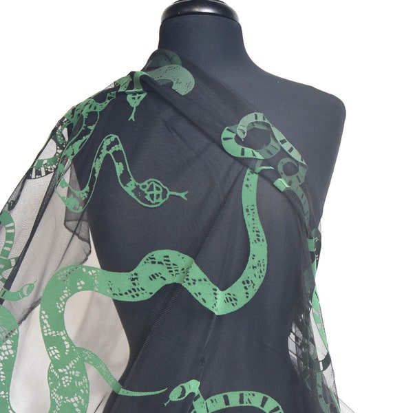 Medusa Ivy Green Flocked Garden Snake on Black Mesh mystical goth Haunted House Halloween Fabric