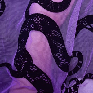 Mystical Goth Snake Black Flocked Wicked on Purple Mesh Halloween Fabric costume Apparel