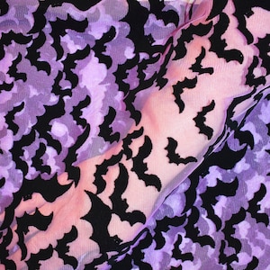 Mystical Goth Black Bat Flocked on Midnight Purple Mesh for Fashion Costume Apparel Halloween Fabric Polyester