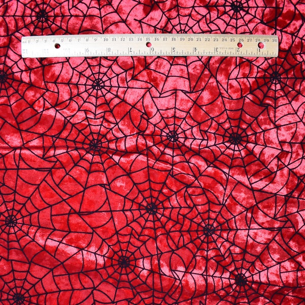 Red Stretch Velvet with black flocked spiderweb Halloween Witch Goth  costume Apparel Halloween Fabric