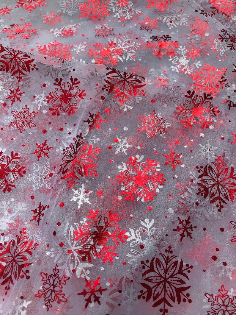 SUJAYU Sheer Fabric, Snowflake Silver Foil Organza Fabric, Snowflake Tablecloth Birthday Party Supplies Party Decorations, Christmas Tree