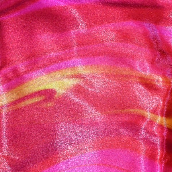 Fiery Sunset Red Orange Pink Charmeuse Oil Slick with Shine Gold Foil Finish for Apparel Special Occasion Fabric By The Yard