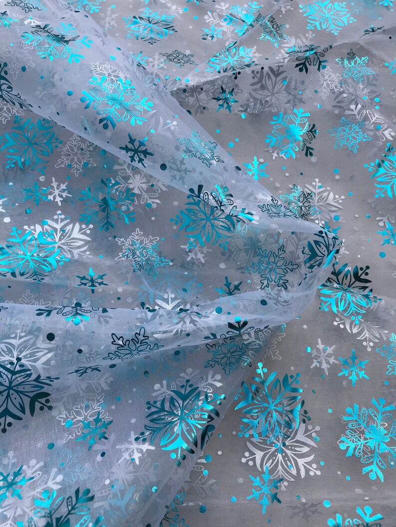 SUJAYU Sheer Fabric, Snowflake Silver Foil Organza Fabric, Snowflake Tablecloth Birthday Party Supplies Party Decorations, Christmas Tree