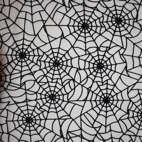 Black Flocked Spiderweb on Black Mesh Goth Wiccan Haunted House Apparel Halloween Fabric