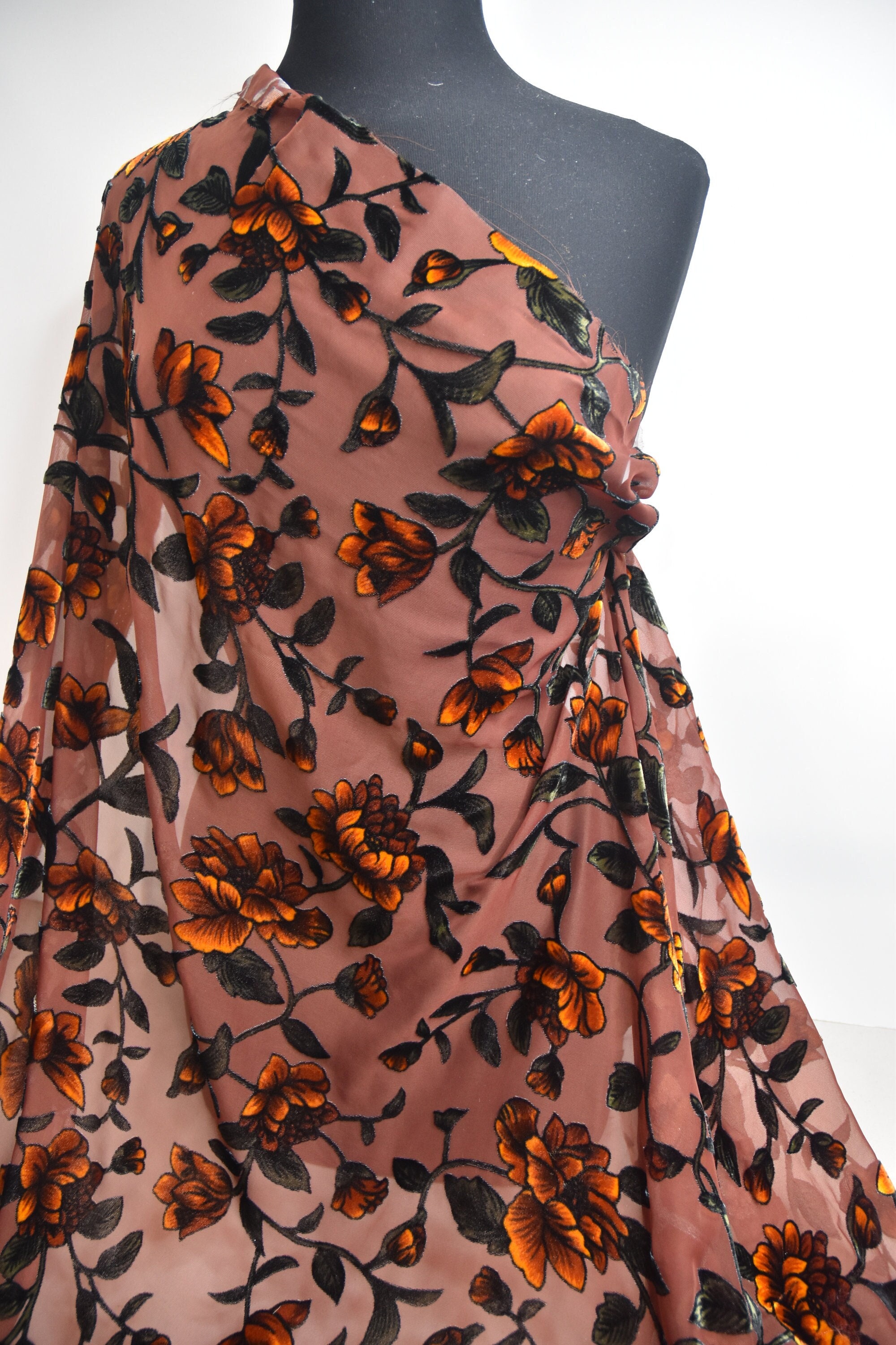 Italian Designer Chiffon Velvet Burnout Fabric Floral Print. Price