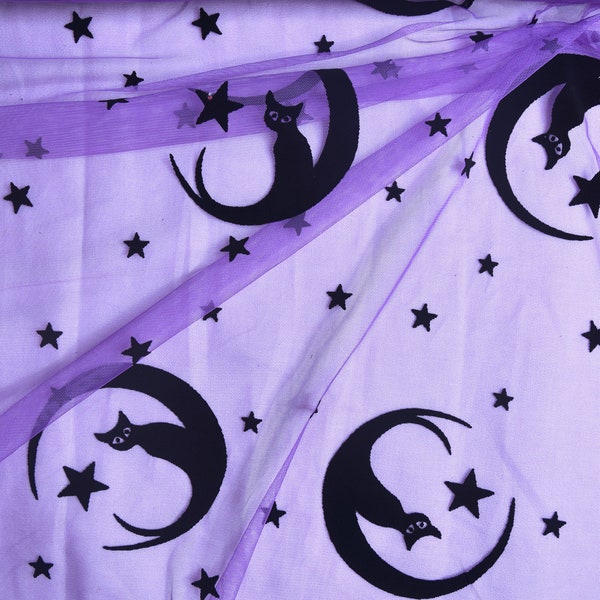 Chat floqué noir et lune de minuit sur maille violette Goth Wiccan Haunted House Apparel Halloween Tissu Polyester