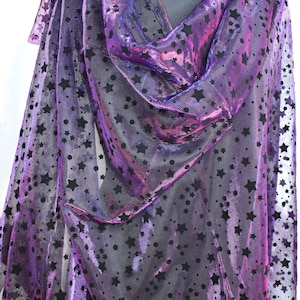 Mystical Flocked Black Star on Blue Purple Iridescent Metallic Mesh Knit Costume Apparel Halloween Fabric Polyester